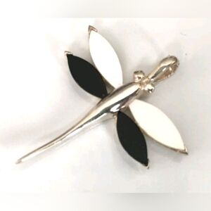 Vintage 925 Sterling Silver Onyx MOP Dragonfly Pendant